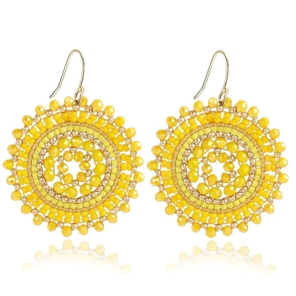 Yellow and Gold Beaded Crystal Round Disc Boho Statement Dangling Hook Earrings